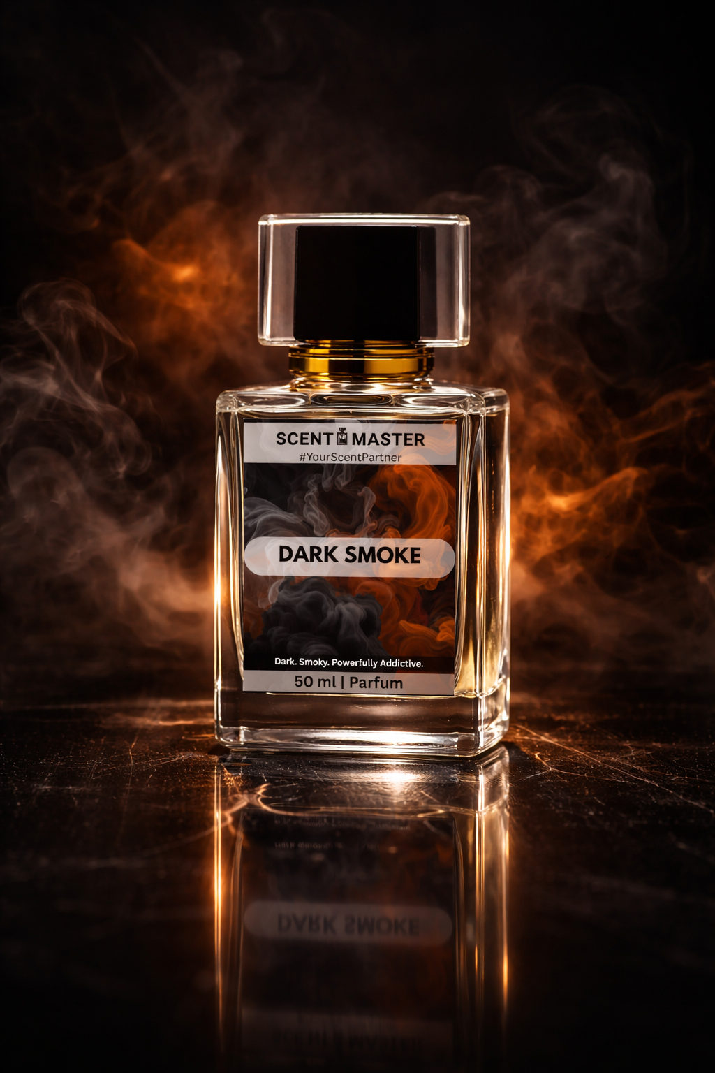 Perfume bottle labeled 'Dark Smoke' with a dark background and smoke effects