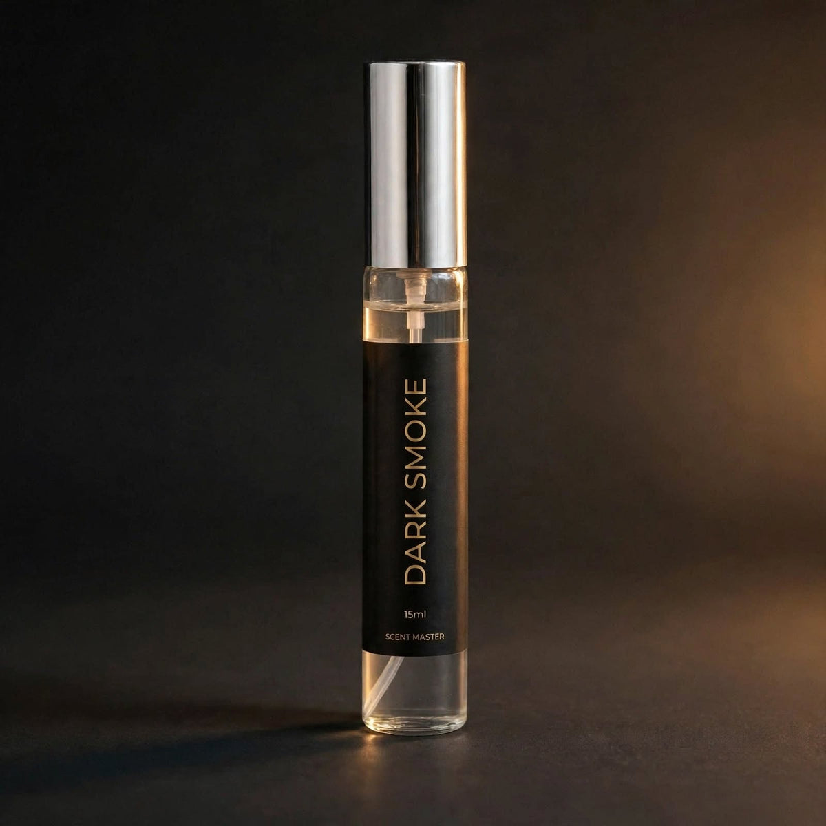 Dark Smoke perfume 15ml bottle by Scent Master on a dark studio background