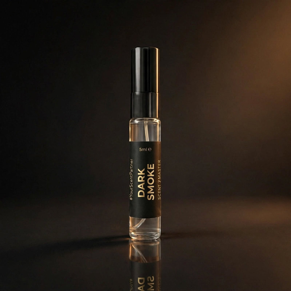 Dark Smoke perfume 5ml bottle by Scent Master on a dark studio background