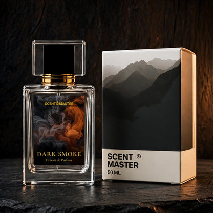 Dark Smoke perfume bottle and box by Scent Master on a dark luxury surface