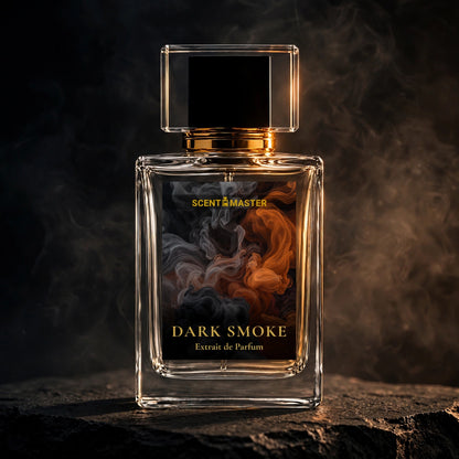 Cinematic photorealistic image of the uploaded Dark Smoke bottle, unchanged in shape, label, and branding, positioned on a dark stone surface with dramatic side lighting creating strong contrast between warm amber highlights and deep shadow. Faint atmospheric haze in the background suggests smoke without obscuring the product. Moody, high-impact, luxury advertising style. Sharp focus on the bottle, softly blurred dark background. Commercial cinematic product photography, photorealistic. Aspect Ratio: 1:1. S