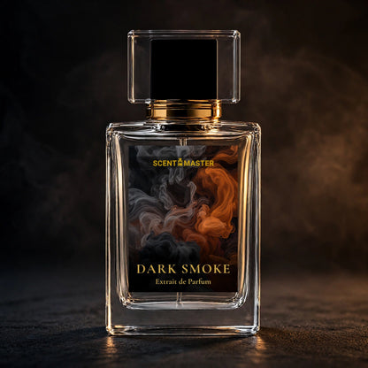 Dark Smoke smoky woody perfume bottle by Scent Master on a dark amber-lit background