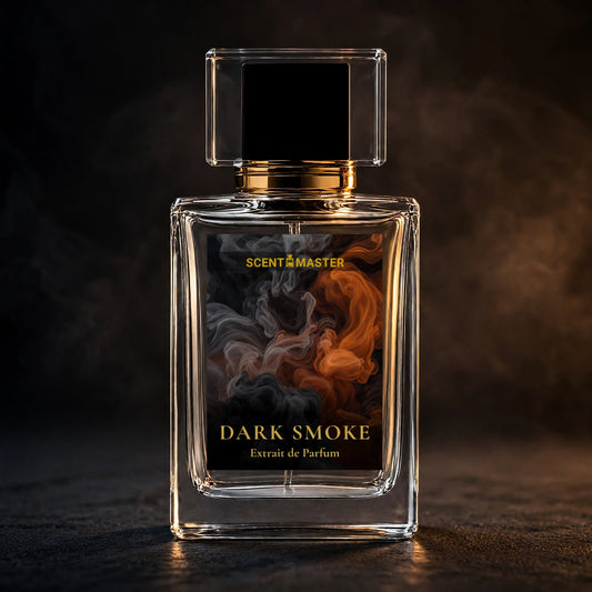 Dark Smoke smoky woody perfume bottle by Scent Master on a dark amber-lit background