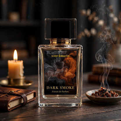 Dark Smoke perfume bottle styled with candle and incense in a warm evening lifestyle scene