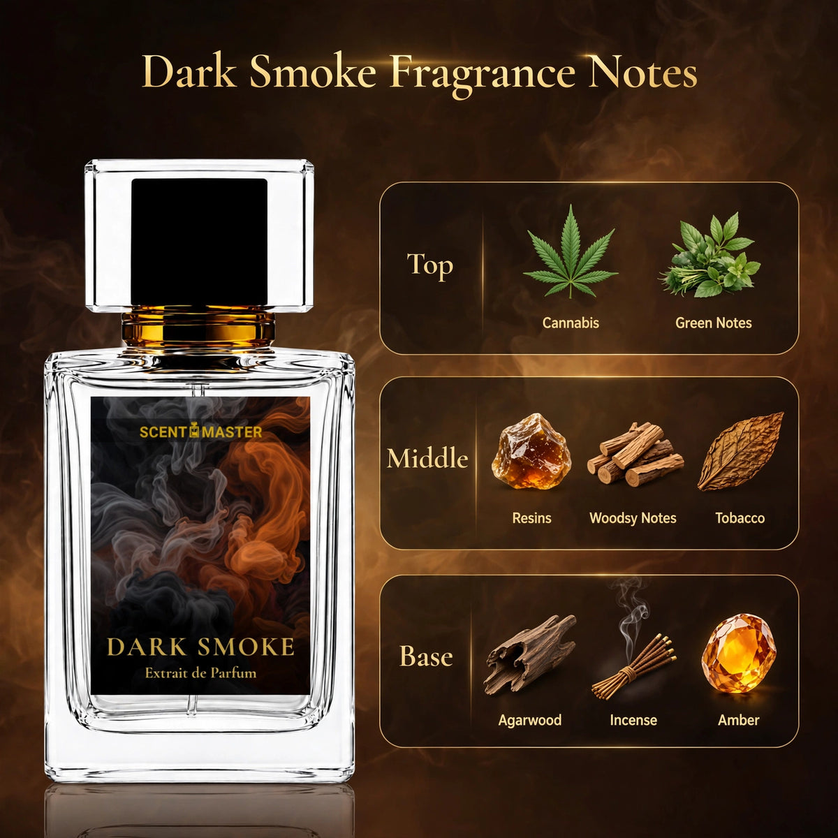 Dark Smoke fragrance notes infographic showing top, middle, and base notes beside the bottle