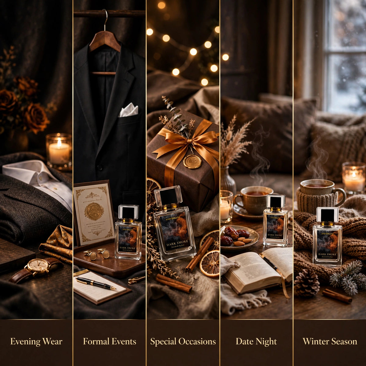 Dark Smoke perfume occasion split layout showing evening, formal, and winter styling scenes