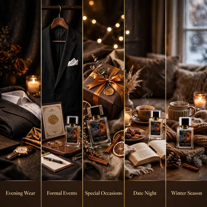 Dark Smoke perfume occasion split layout showing evening, formal, and winter styling scenes