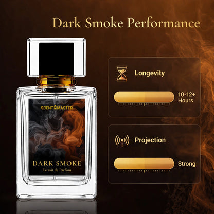 Dark Smoke performance infographic showing longevity and projection levels beside the bottle