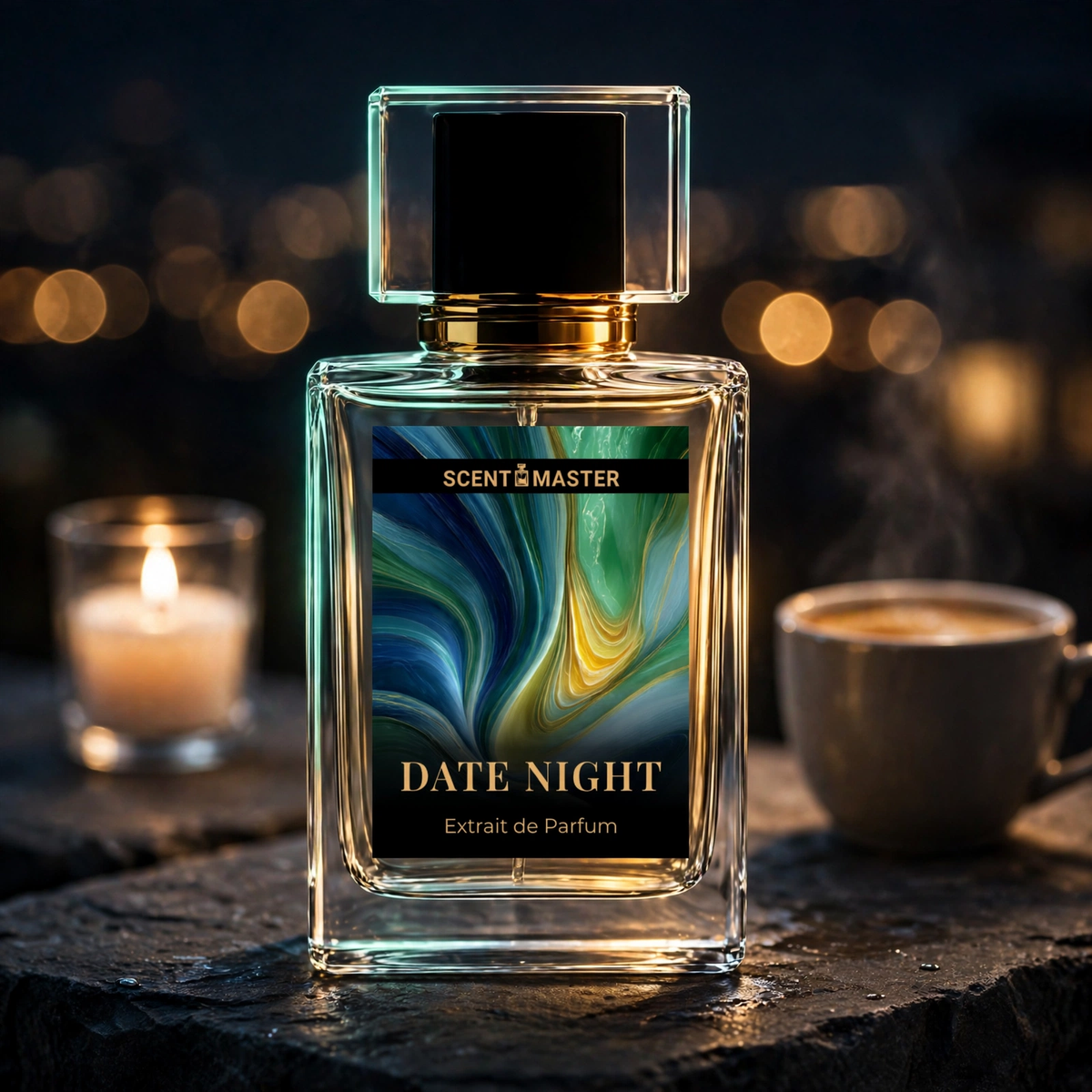 Date Night Aromatic Fougere Mens Perfume by Scent Master in a cinematic night scene with candlelight