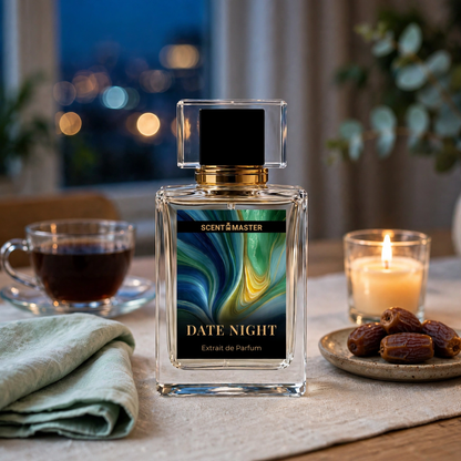 Date Night Aromatic Fougere Mens Perfume by Scent Master on an evening dinner table with candlelight