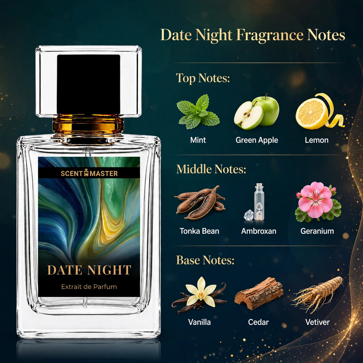 Date Night Aromatic Fougere Mens Perfume by Scent Master notes infographic showing mint, tonka bean and vanilla