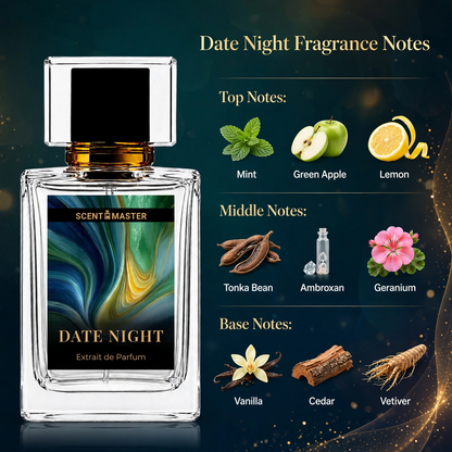 Date Night Aromatic Fougere Mens Perfume by Scent Master notes infographic showing mint, tonka bean and vanilla