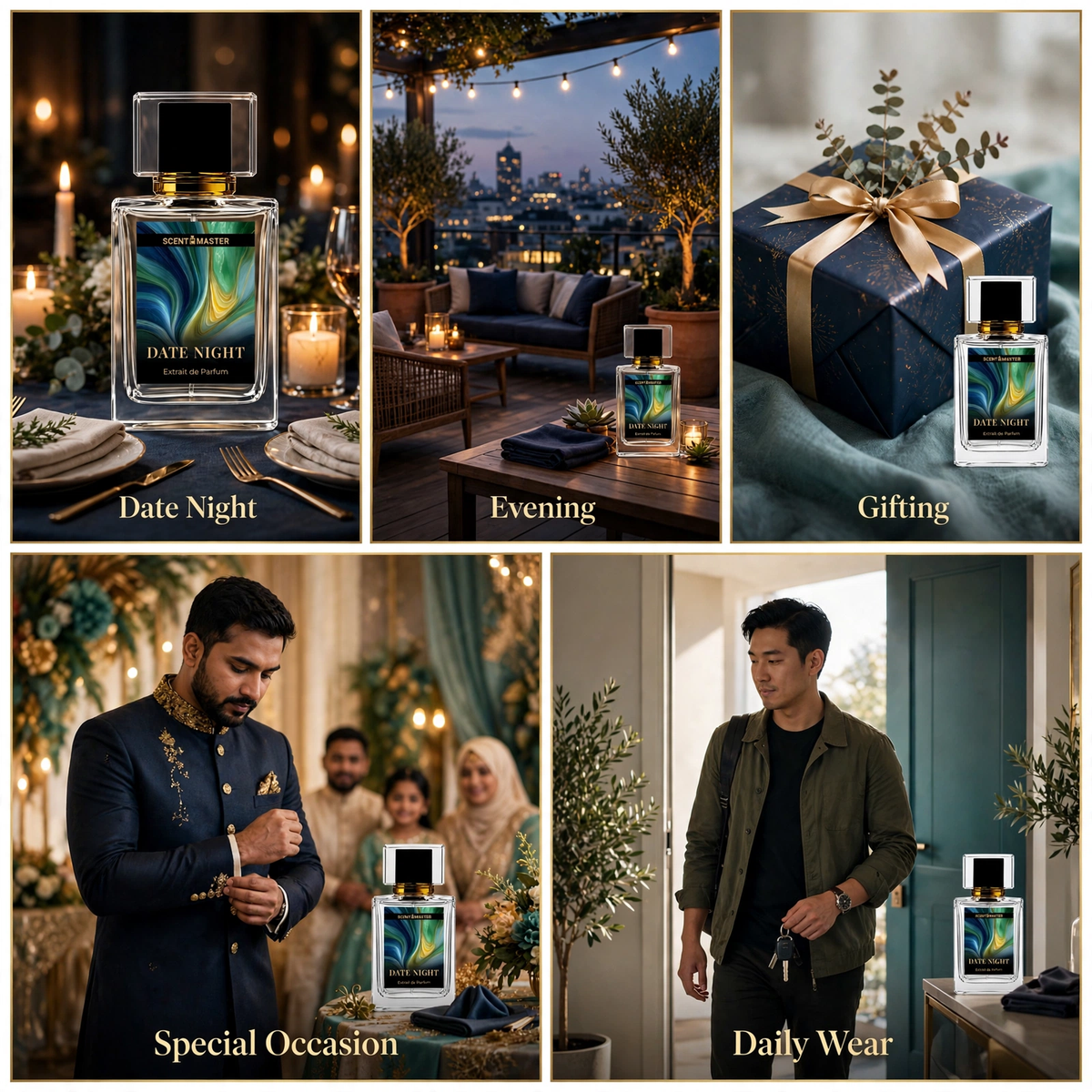 Date Night Aromatic Fougere Mens Perfume by Scent Master shown across date night, evening, gifting, special occasion and daily wear scenes