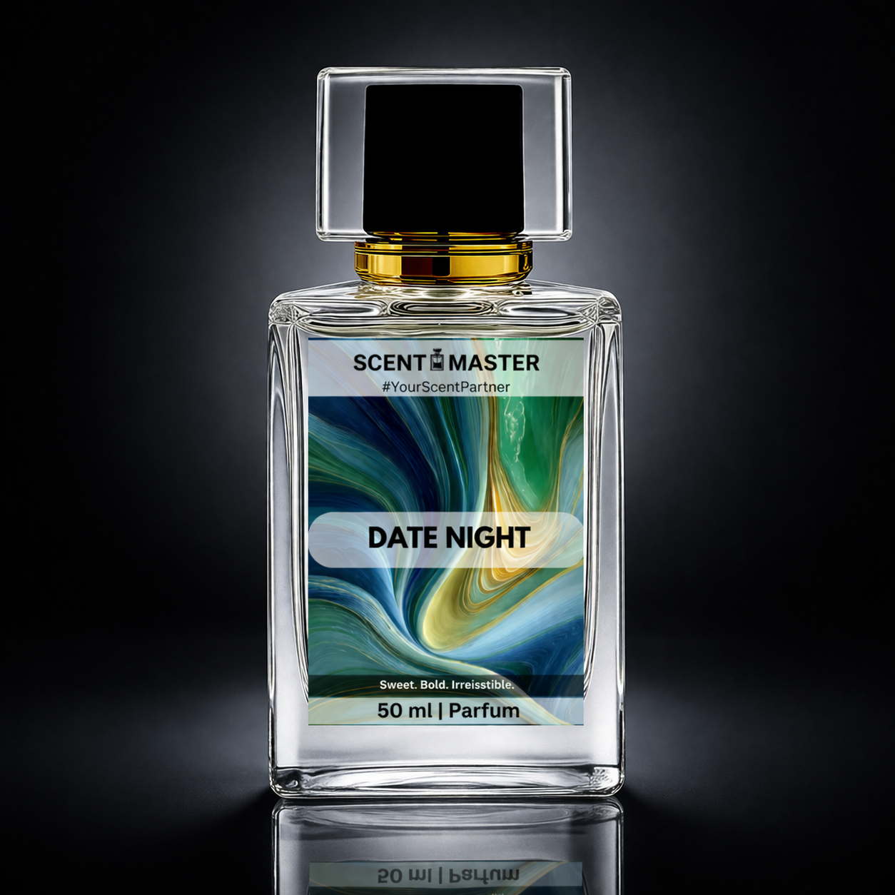 Perfume bottle labeled 'Date Night' by Scent Master on a dark background
