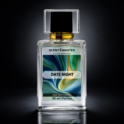 Perfume bottle labeled 'Date Night' by Scent Master on a dark background