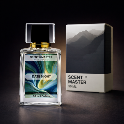 Perfume bottle labeled 'Date Night' by Scent Master with packaging on a dark background