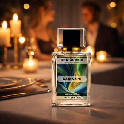 Perfume bottle labeled 'Date Night' by Scent Master on a table with candles and people in the background