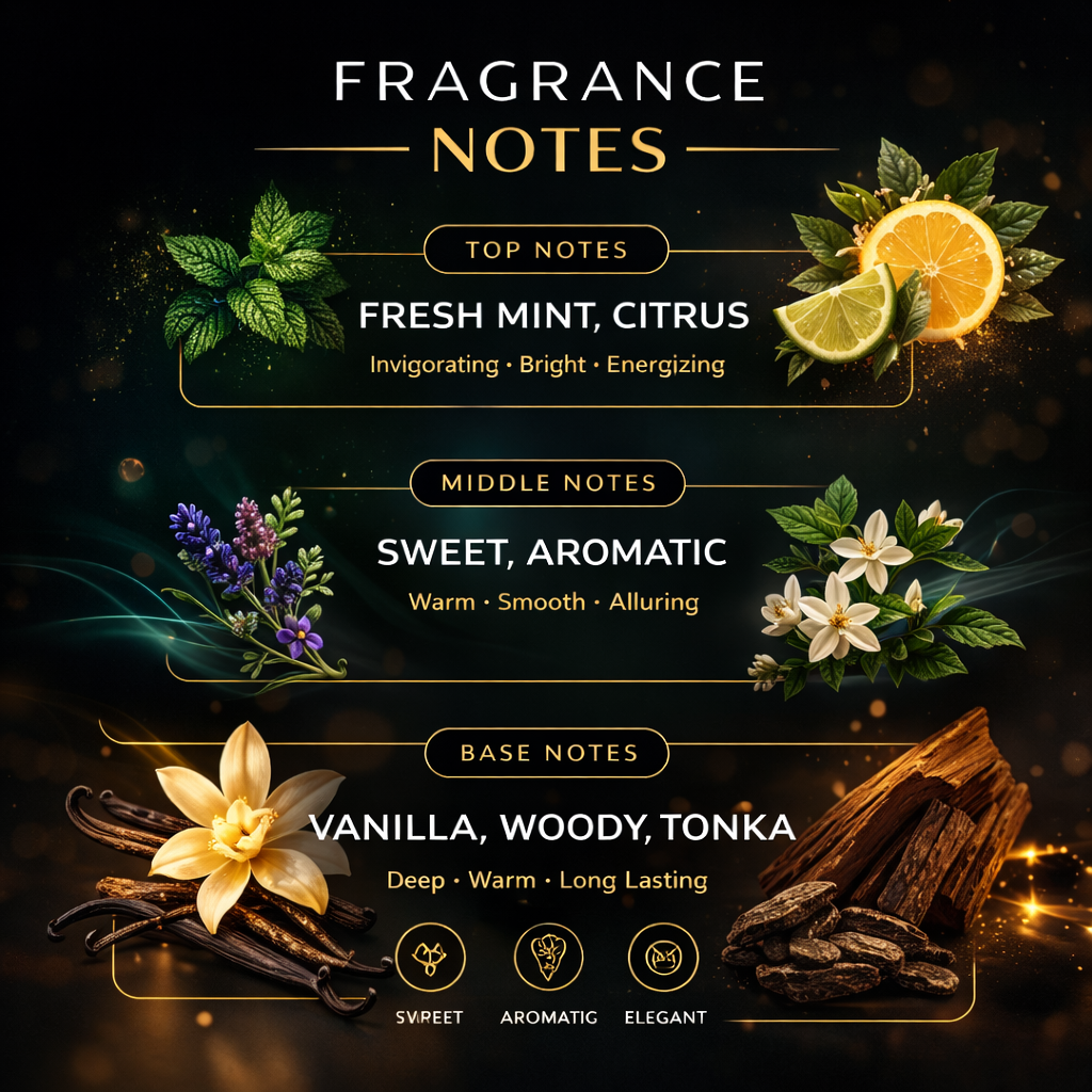 Fragrance notes with scents and their descriptions on a dark background