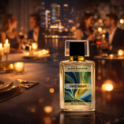 Perfume bottle labeled 'Date Night' on a table with a cityscape background