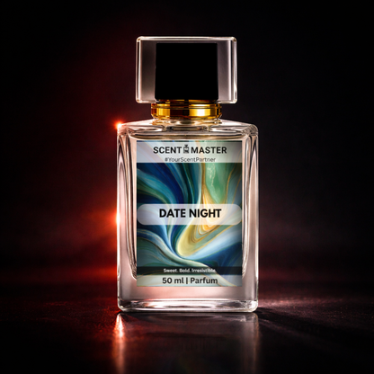 Perfume bottle labeled 'Date Night' by Scent Master on a dark background
