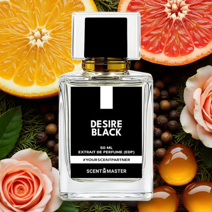 Perfume bottle labeled 'Desire Black' surrounded by fruits and flowers