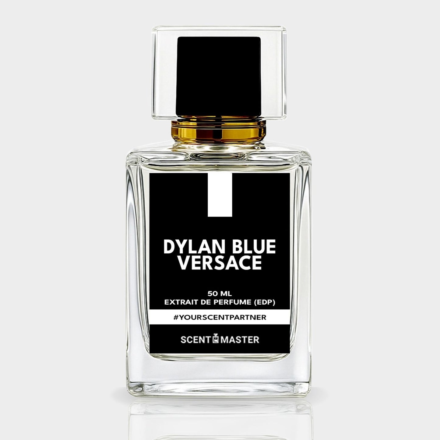 Perfume bottle labeled 'Dylan Blue Versace' on a white background