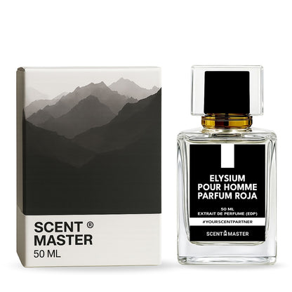 Perfume bottle and packaging with mountain design on a white background