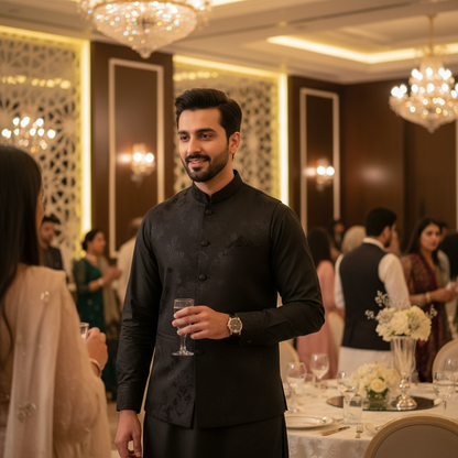 Stylish man wearing PASHA black cotton shalwar kameez at elegant evening event
