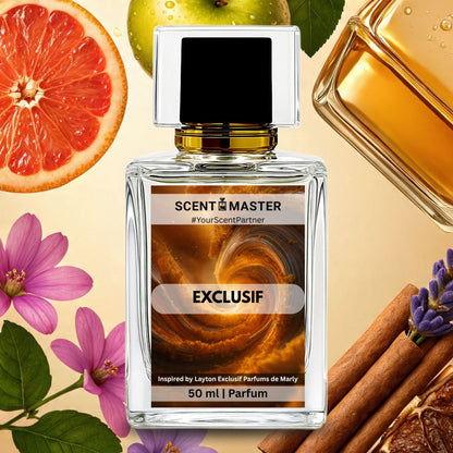 Perfume bottle labeled 'Scent Master' with floral, fruit, and spice elements on a beige background