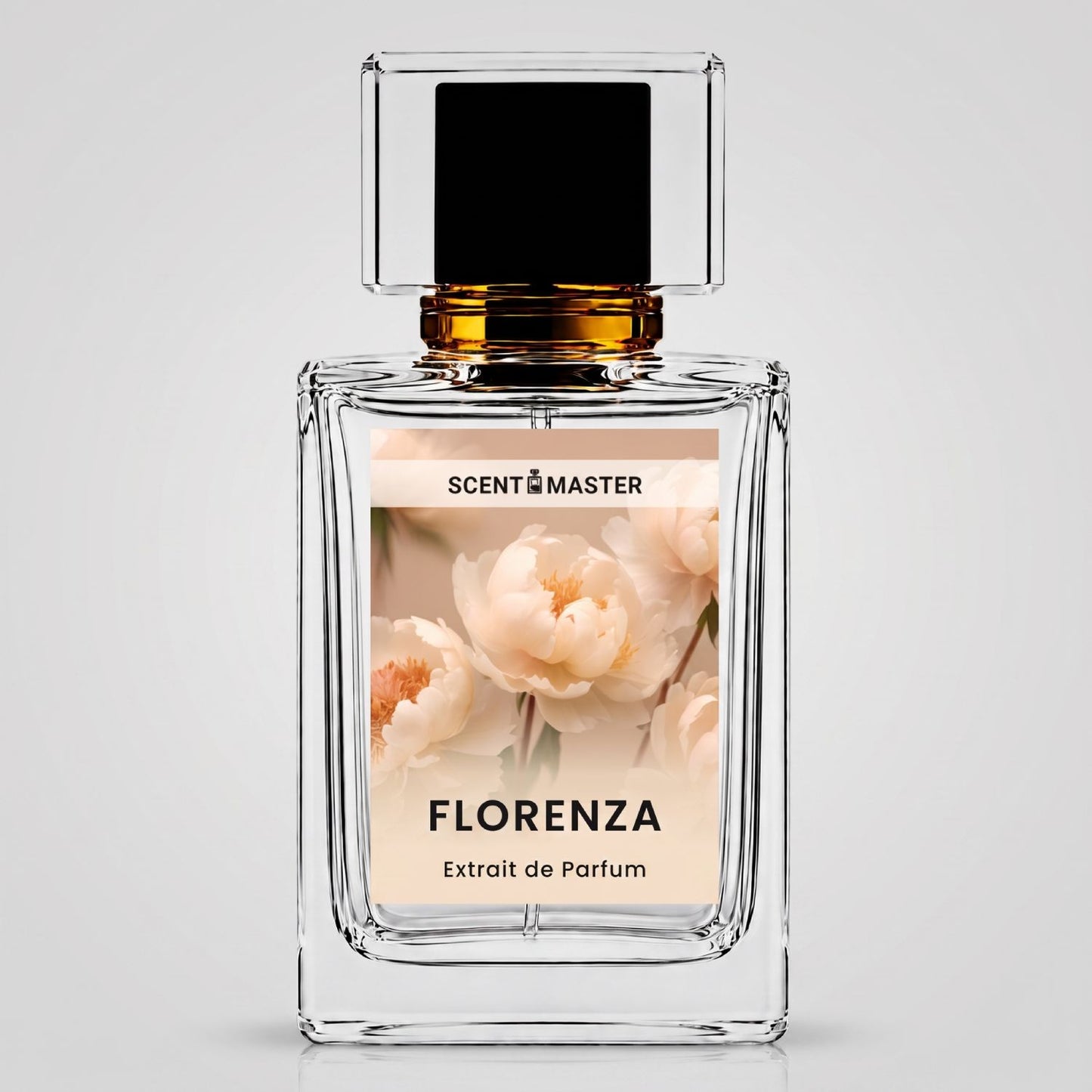 A clear glass perfume bottle with a black cap and a beige floral label reading 'SCENT MASTER FLORENZA 100ml Extrait de Parfum' on a light gray background.