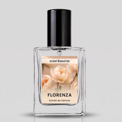 A clear glass perfume bottle with a black cylindrical cap and a beige floral label reading 'SCENT MASTER' and 'FLORENZA Extrait de Parfum', centered on a light gray background.