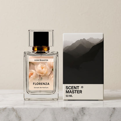 Florenza perfume bottle displayed beside its premium packaging box.
