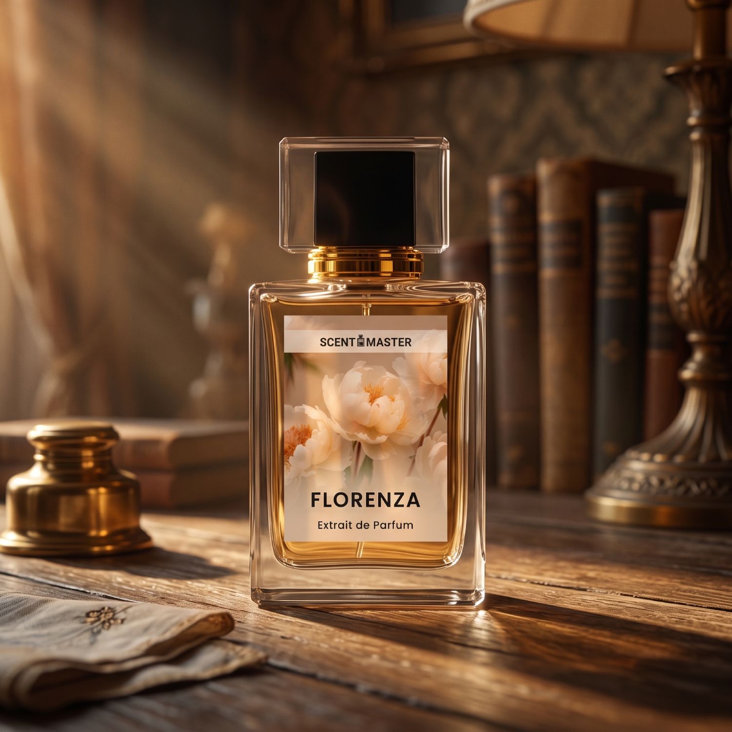 Cinematic editorial shot of the Florenza perfume bottle with warm ambient lighting.