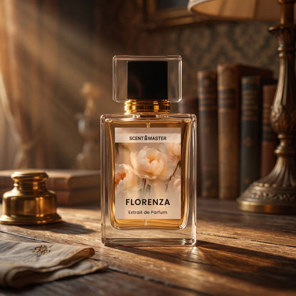 Cinematic editorial shot of the Florenza perfume bottle with warm ambient lighting.