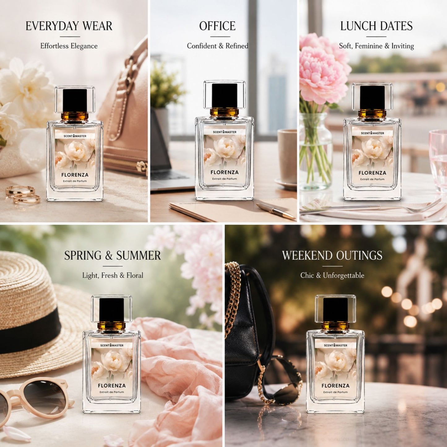 Florenza perfume occasion split layout showing everyday, office, and weekend settings.