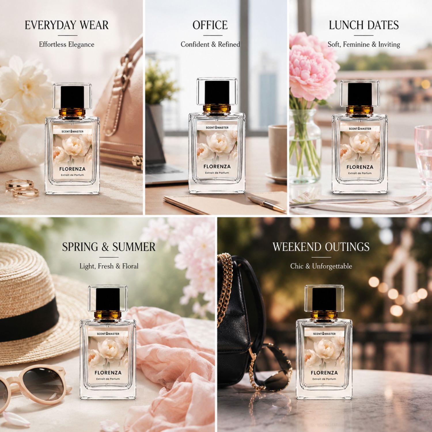 Florenza perfume occasion split layout showing everyday, office, and weekend settings.