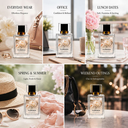 Florenza perfume occasion split layout showing everyday, office, and weekend settings.