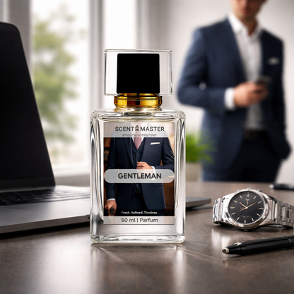 Perfume bottle labeled 'Gentleman' by Scent Master on a desk with a blurred man in a suit in the background.