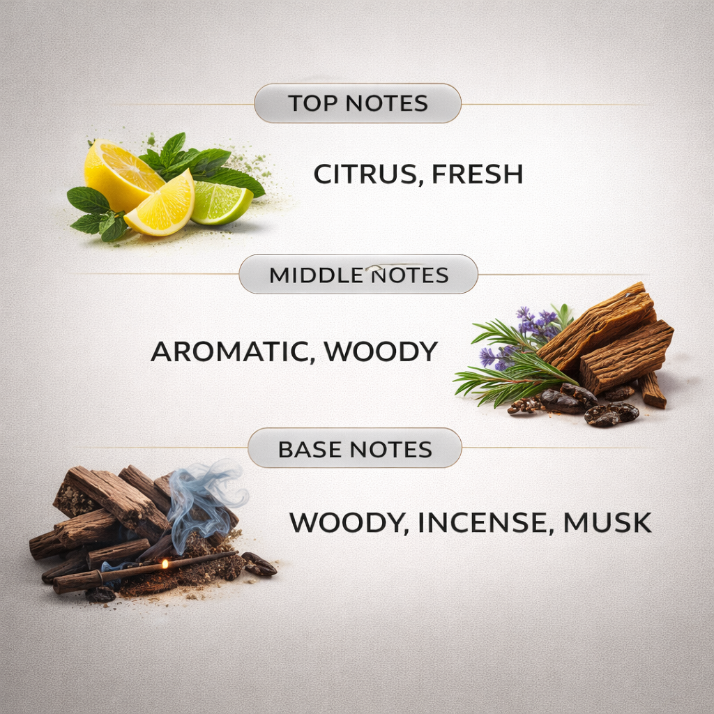 Diagram of top, middle, and base notes with lemon, cinnamon, and incense elements on a light background.