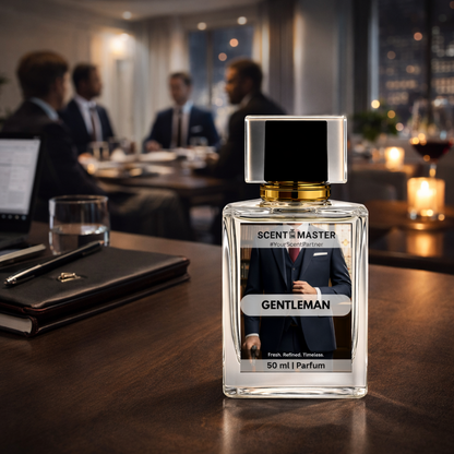 Perfume bottle labeled 'Scent Master Gentleman' on a table with a formal event background.