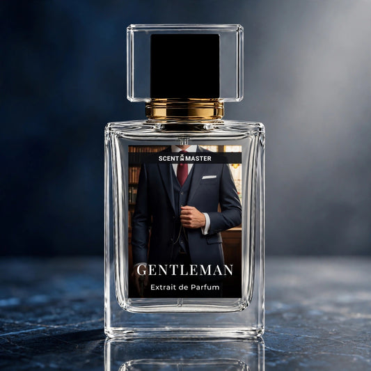 Gentleman by Scent Master woody aromatic mens perfume bottle on dark blue marble