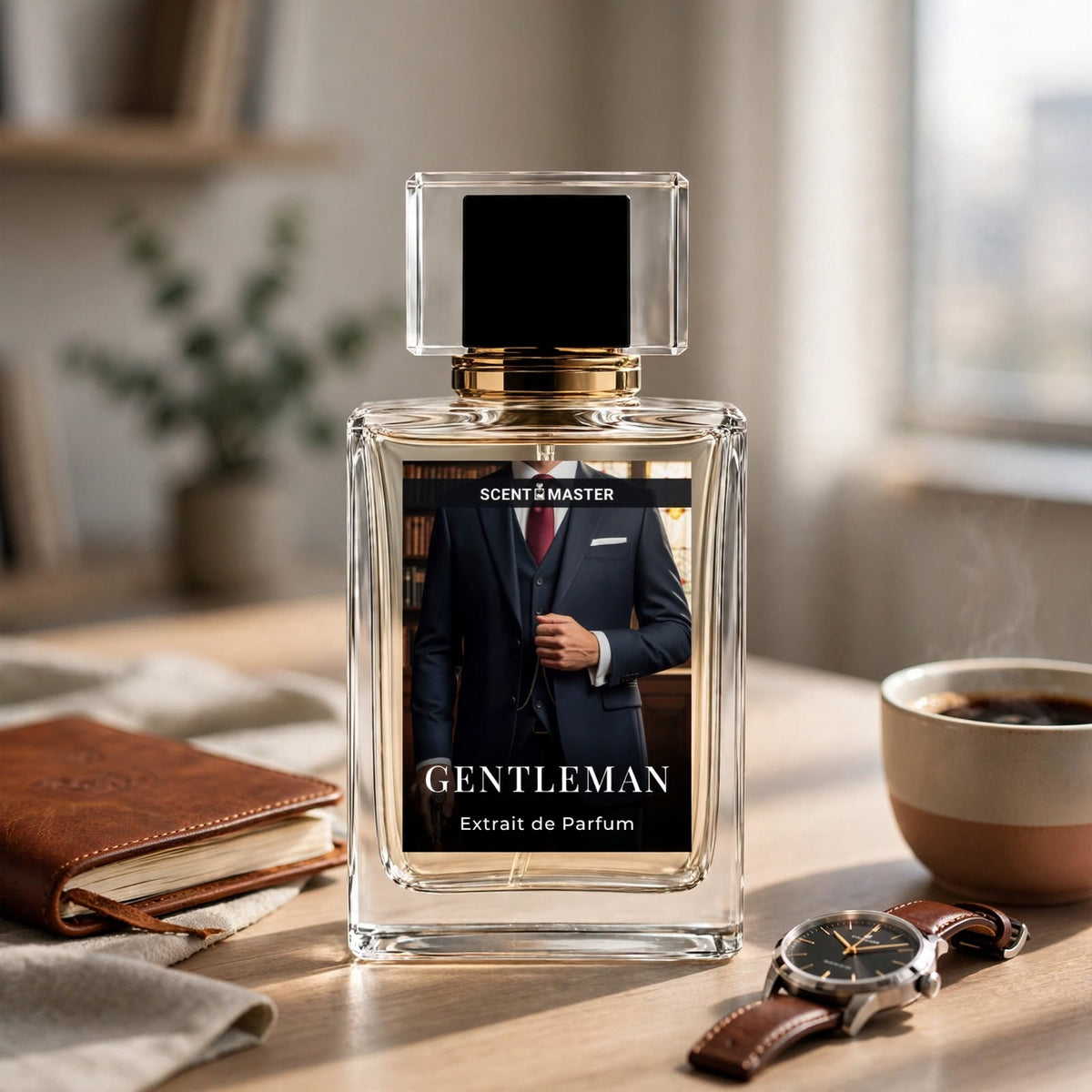 Gentleman by Scent Master perfume styled on a modern office desk