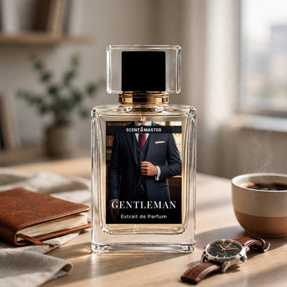 Gentleman by Scent Master perfume styled on a modern office desk