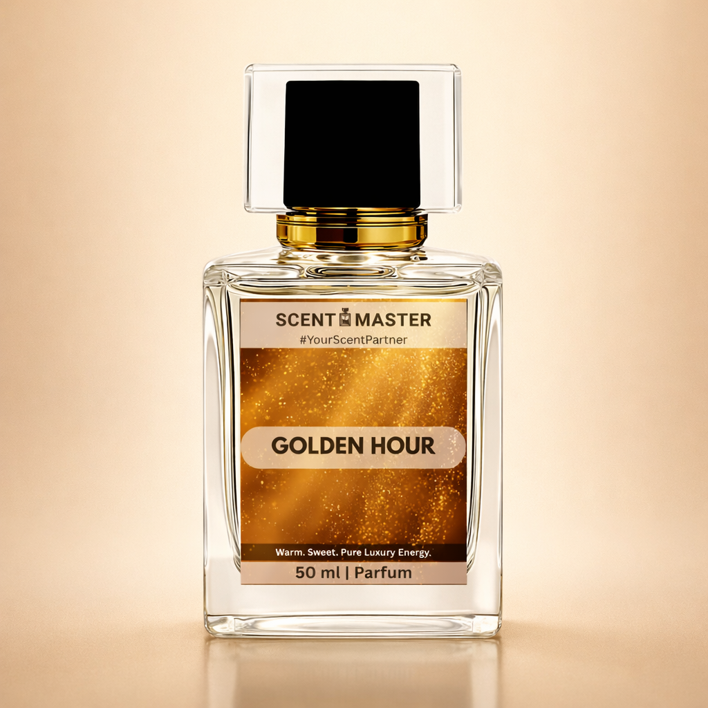 Perfume bottle labeled 'Golden Hour' by Scent Master on a beige background