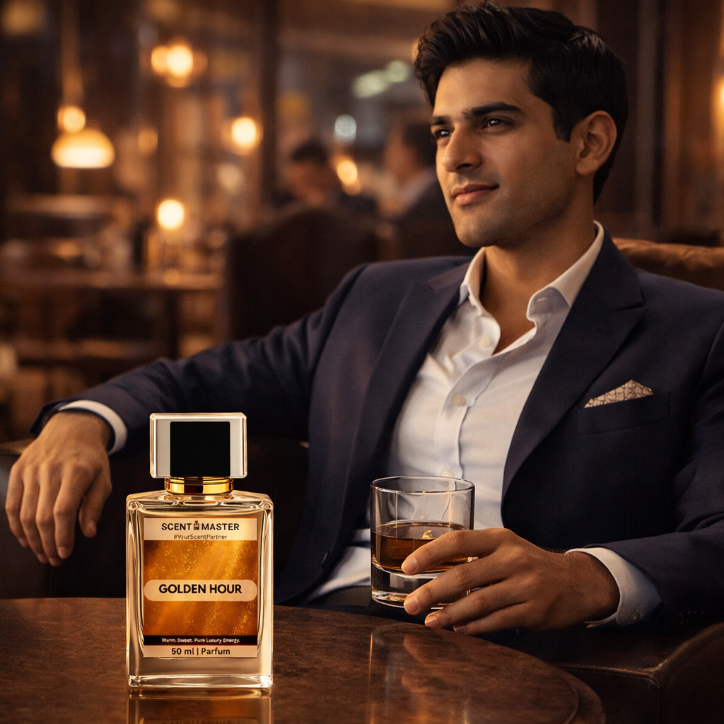 Man in a suit holding a glass of whiskey next to a bottle of 'Scent Master Golden Hour' perfume in a bar setting.