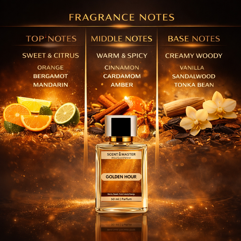 Perfume bottle Golden Hour with fragrance notes displayed on a warm, glowing background