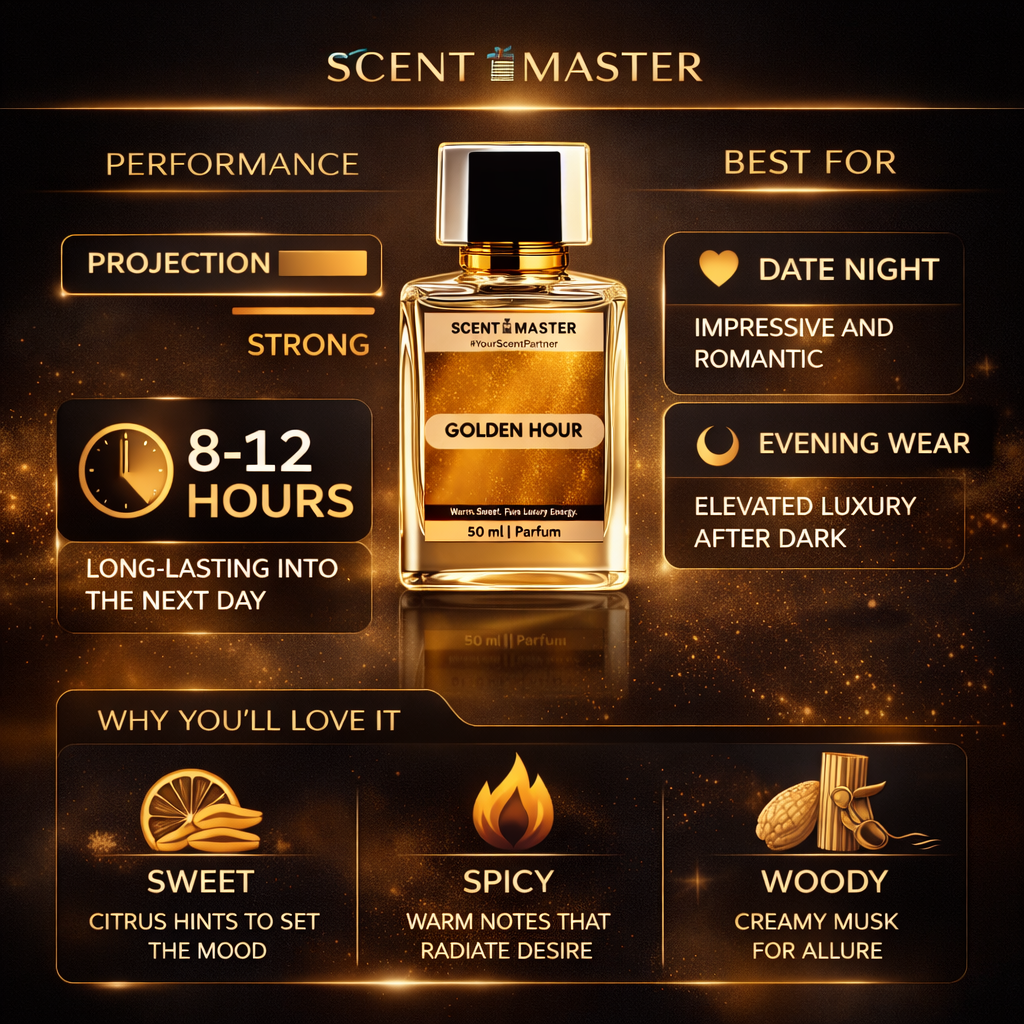 Scent Master Golden Hour perfume bottle with product features on a dark background