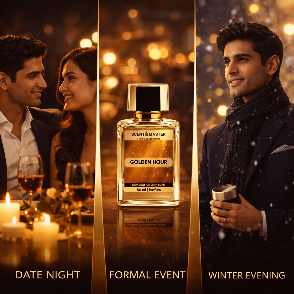 Perfume bottle labeled 'Golden Hour' with scenarios for use on a dark background