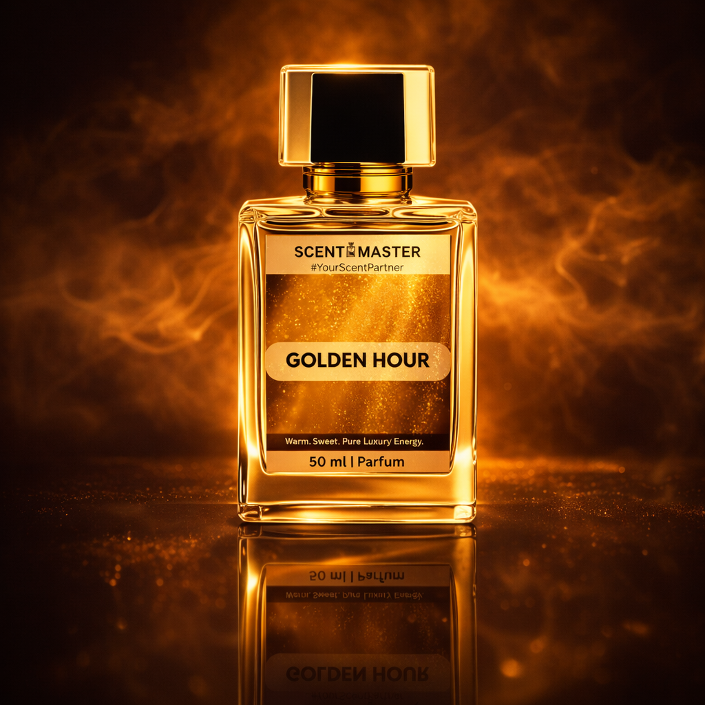 Perfume bottle labeled 'Golden Hour' by Scent Master on a reflective surface with warm background