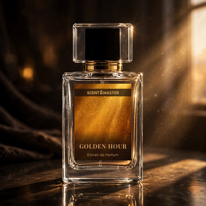 Cinematic editorial photograph of Golden Hour perfume bottle